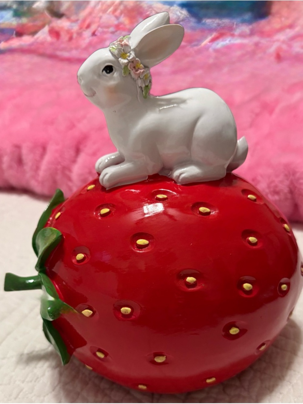 White Bunny on Red Strawberry decor
